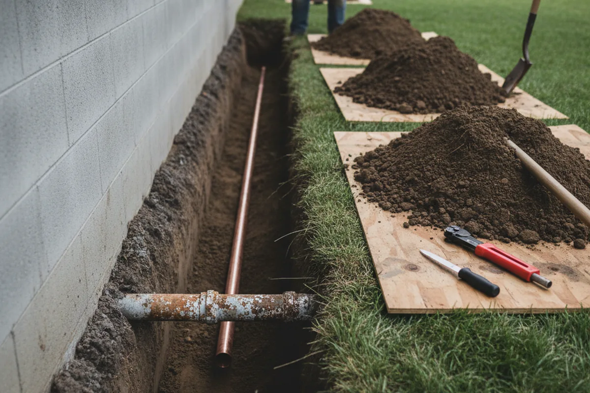 Excavated water line trench during Water Heater Repair in Minetto